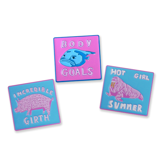 3 Joe Lycett pin badges featuring illustrations of animals